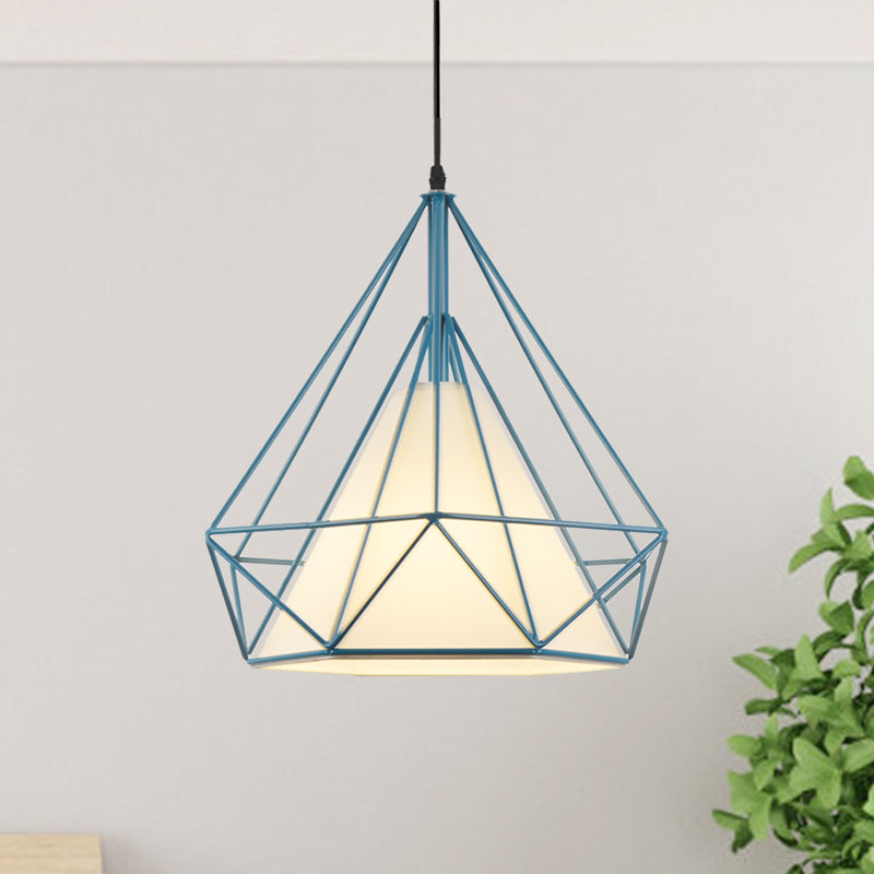 Retro Diamond Cage Hanging Lampe 10 "/15" Dia 1 Light Metallic Anhängerleuchte mit Stoffschatten in Grün/Gelb