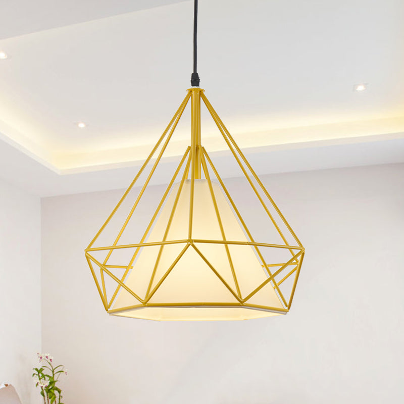 Retro diamant kooi hangende lamp 10 "/15" dia 1 licht metalen hanglamp met stoffen tint in groen/geel