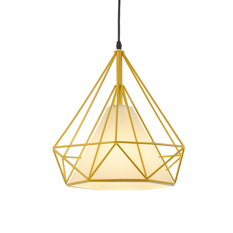 Retro diamant kooi hangende lamp 10 "/15" dia 1 licht metalen hanglamp met stoffen tint in groen/geel