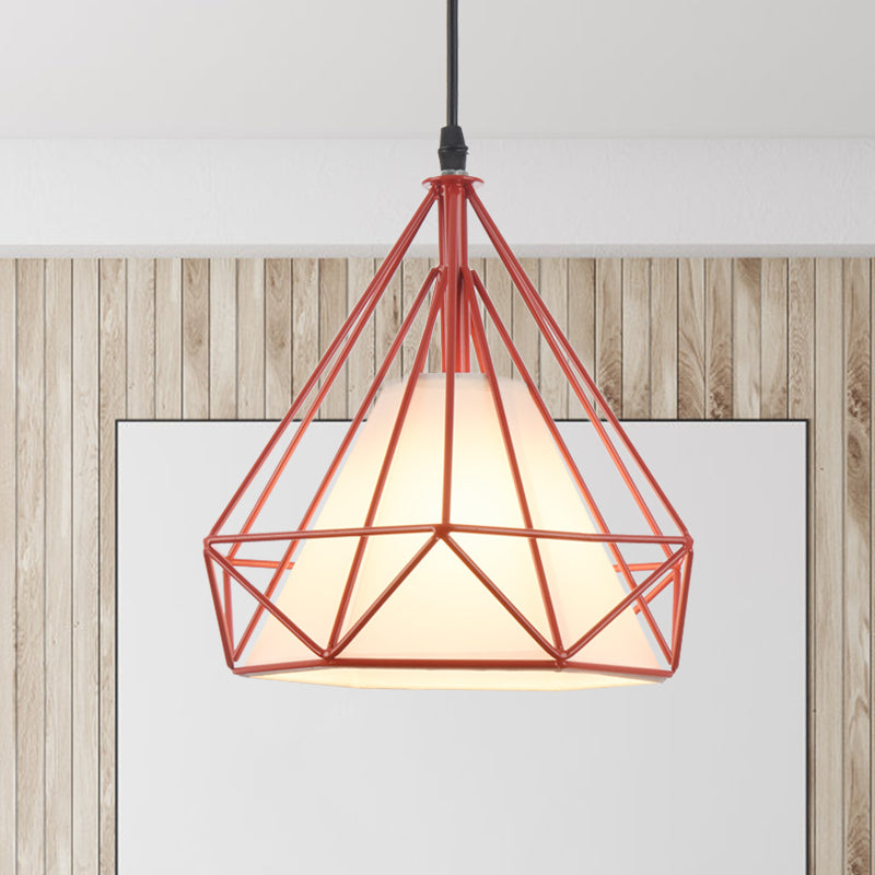 Retro diamant kooi hangende lamp 10 "/15" dia 1 licht metalen hanglamp met stoffen tint in groen/geel