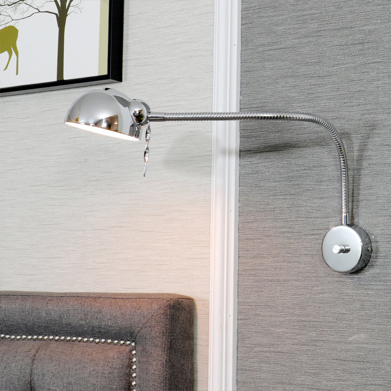1 Bulb Dome Shade Wall Lamp with Flexible Arm Vintage Chrome/White Metallic Sconce Lamp for Bedside