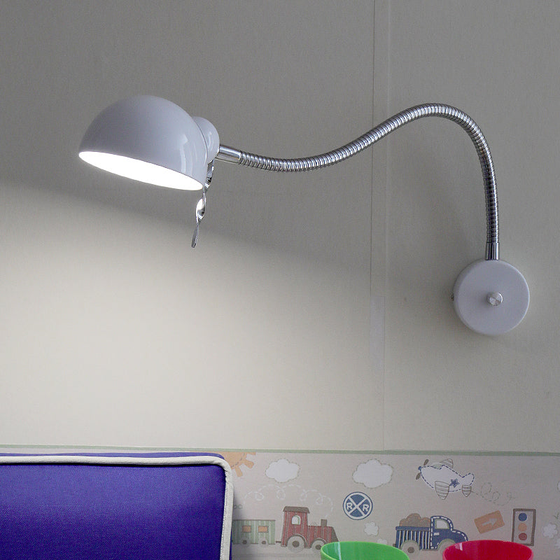 1 Bulb Dome Shade Wall Lamp with Flexible Arm Vintage Chrome/White Metallic Sconce Lamp for Bedside