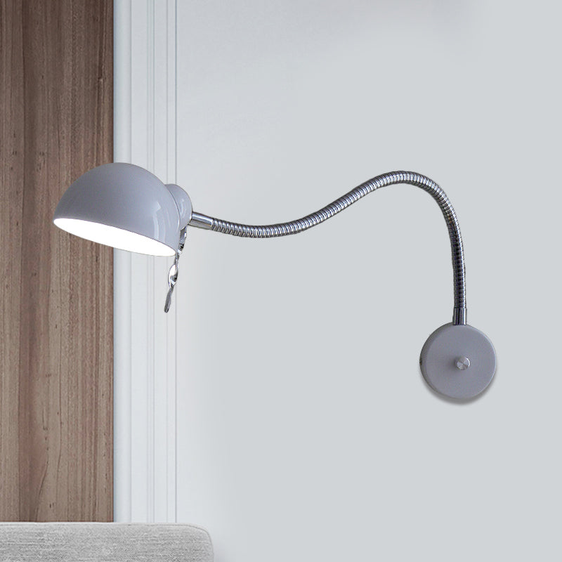 1 Bulb Dome Shade Wall Lamp with Flexible Arm Vintage Chrome/White Metallic Sconce Lamp for Bedside