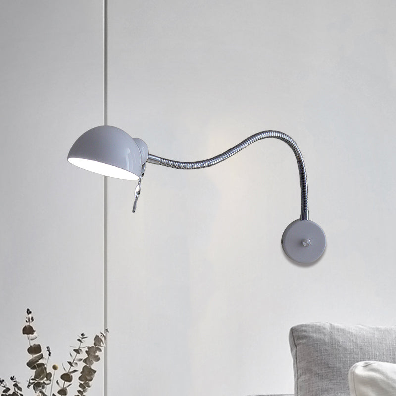 1 Bulb Dome Shade Wall Lamp with Flexible Arm Vintage Chrome/White Metallic Sconce Lamp for Bedside
