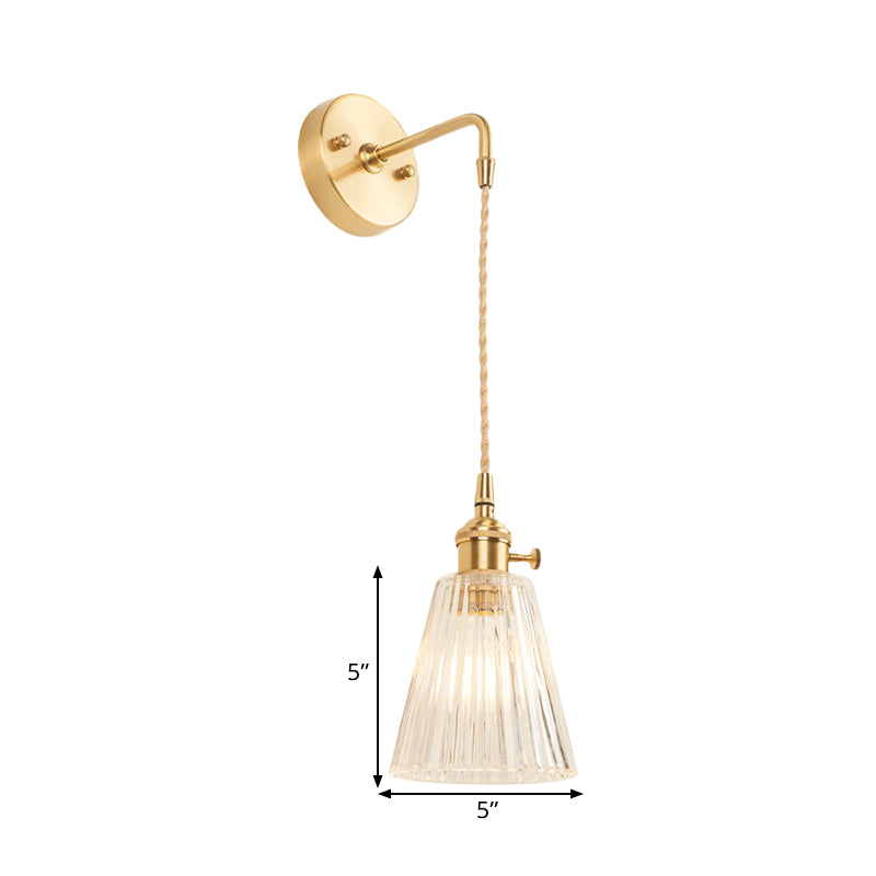 One Bulb Wall Light with Cone Shade Clear Textured Glass Industrial Bedroom Sconce Lighting Fixture