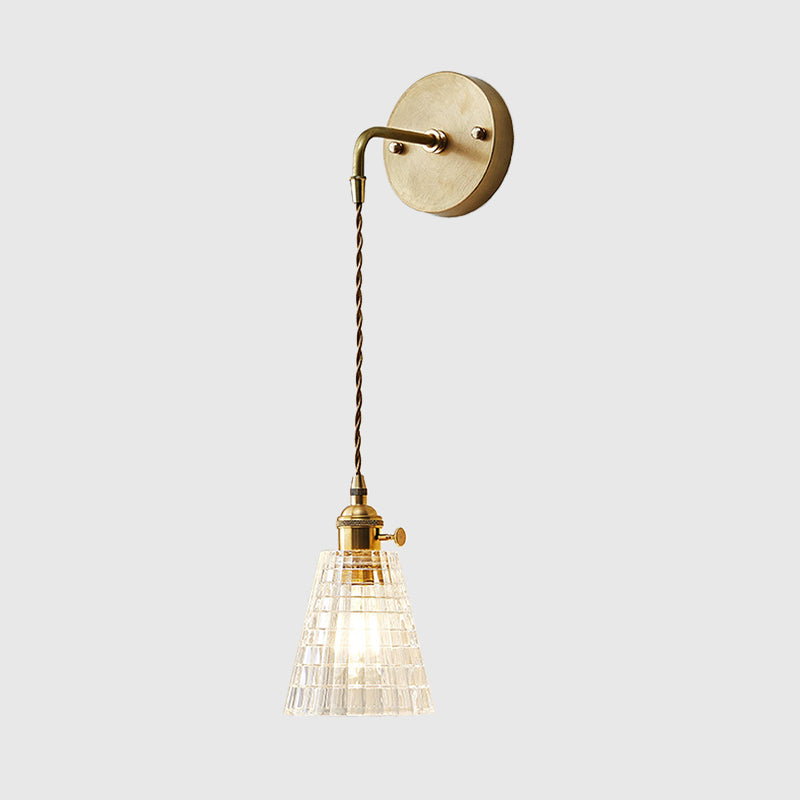 Tapered Clear Textured Glass Wall Hanging Light Industrial Single Bulb Bedroom Sconce Lamp in Brass