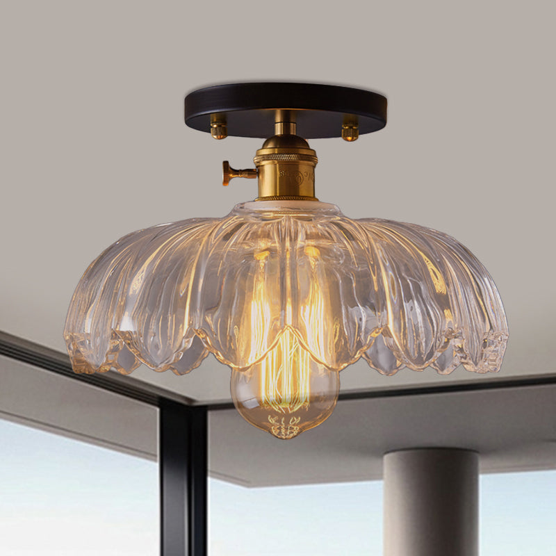 White/Amber One Light Ceiling Mount Industrial Prismatic Glass Scalloped Semi Flush Light