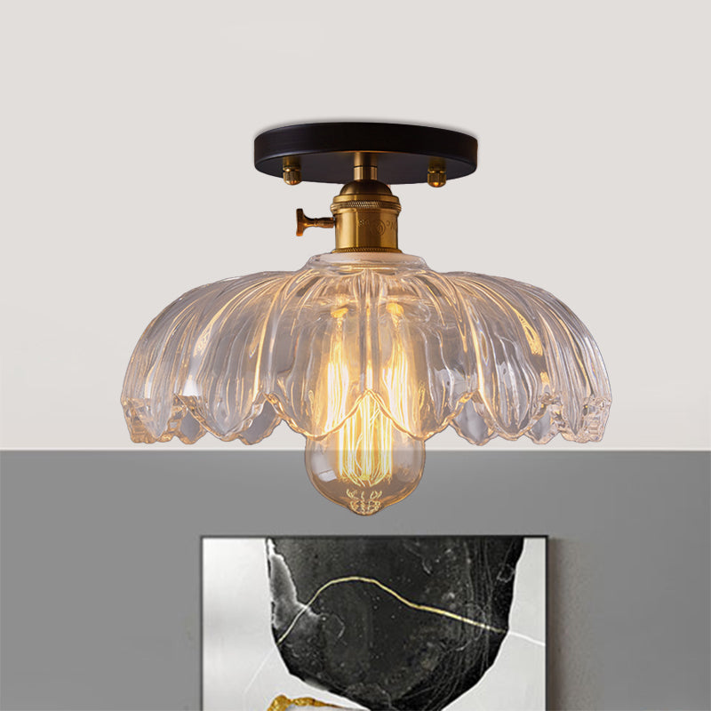 White/Amber One Light Ceiling Mount Industrial Prismatic Glass Scalloped Semi Flush Light