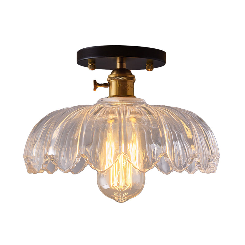 White/Amber One Light Ceiling Mount Industrial Prismatic Glass Scalloped Semi Flush Light
