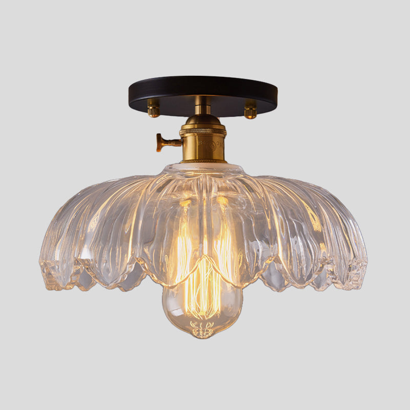 White/Amber One Light Ceiling Mount Industrial Prismatic Glass Scalloped Semi Flush Light
