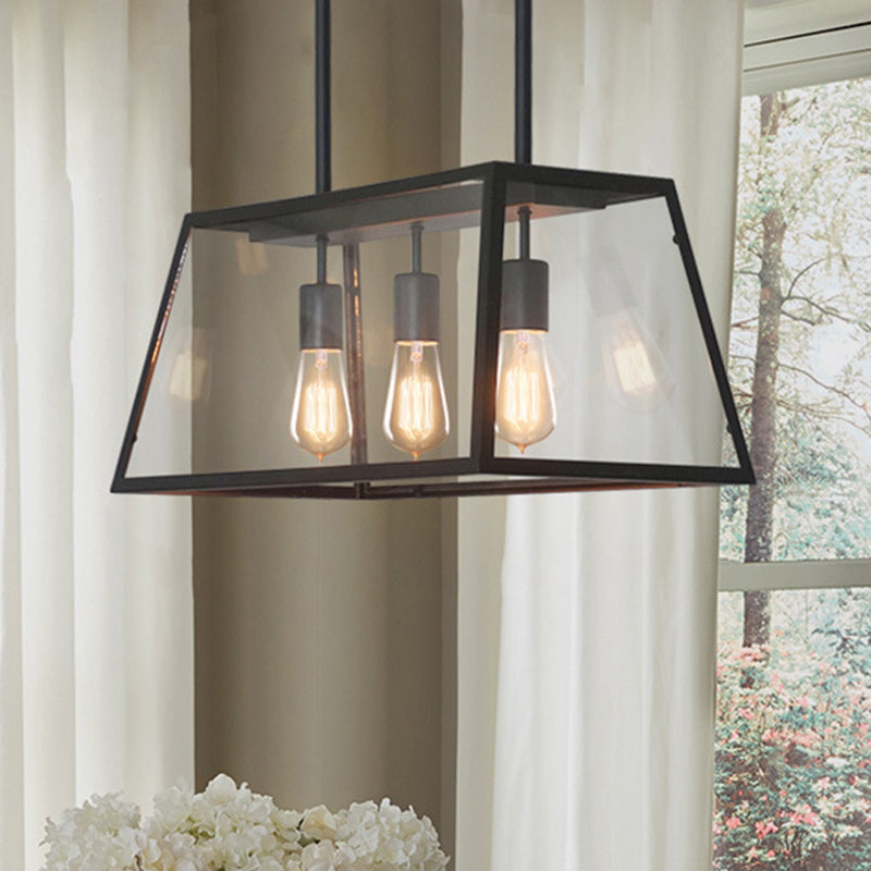 3-Bulb Clear Glass Hanging Light Kit Industrial Black Trapezoid Kitchen Island Lighting Fixture