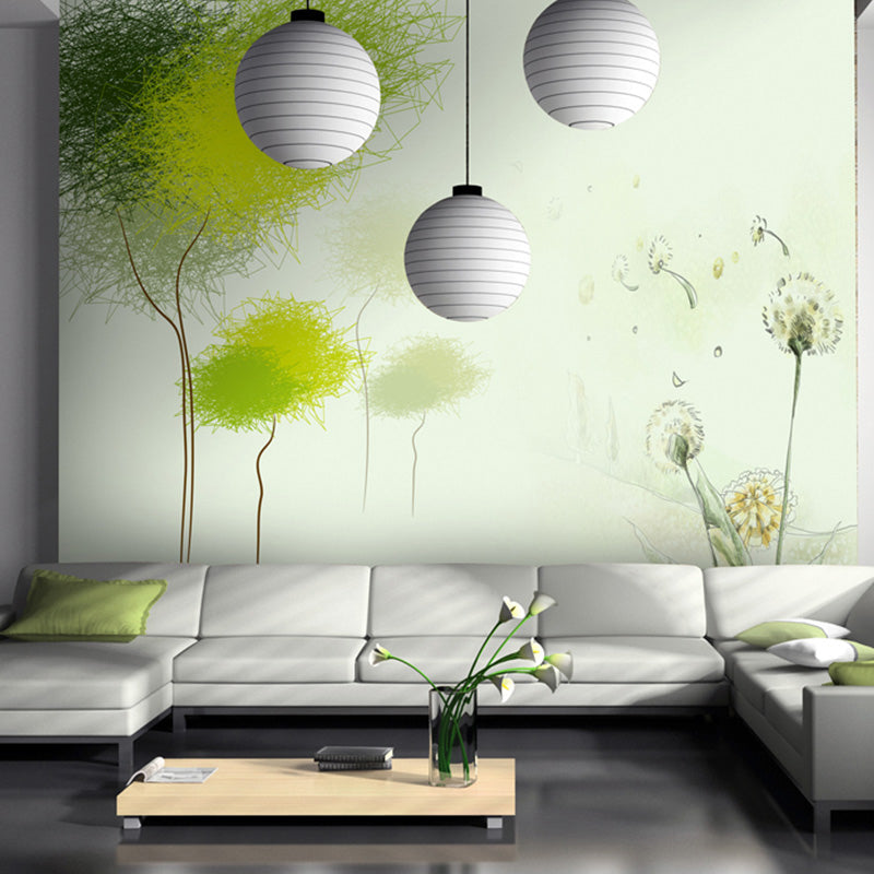 Tree and Dandelion Plant Mural Decal Nordic Style Smooth Wall Art in Green for Living Room