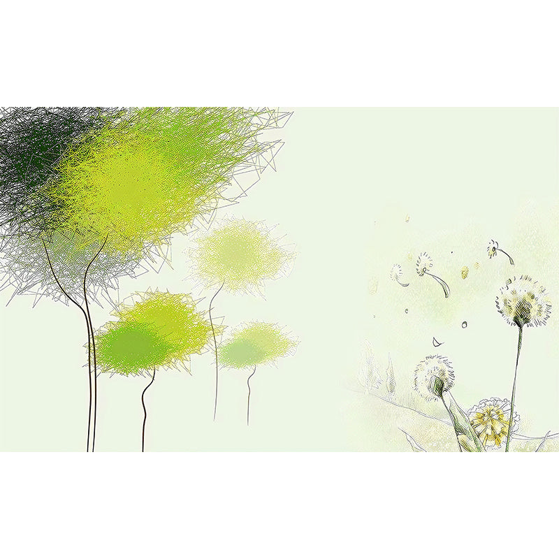 Tree and Dandelion Plant Mural Decal Nordic Style Smooth Wall Art in Green for Living Room