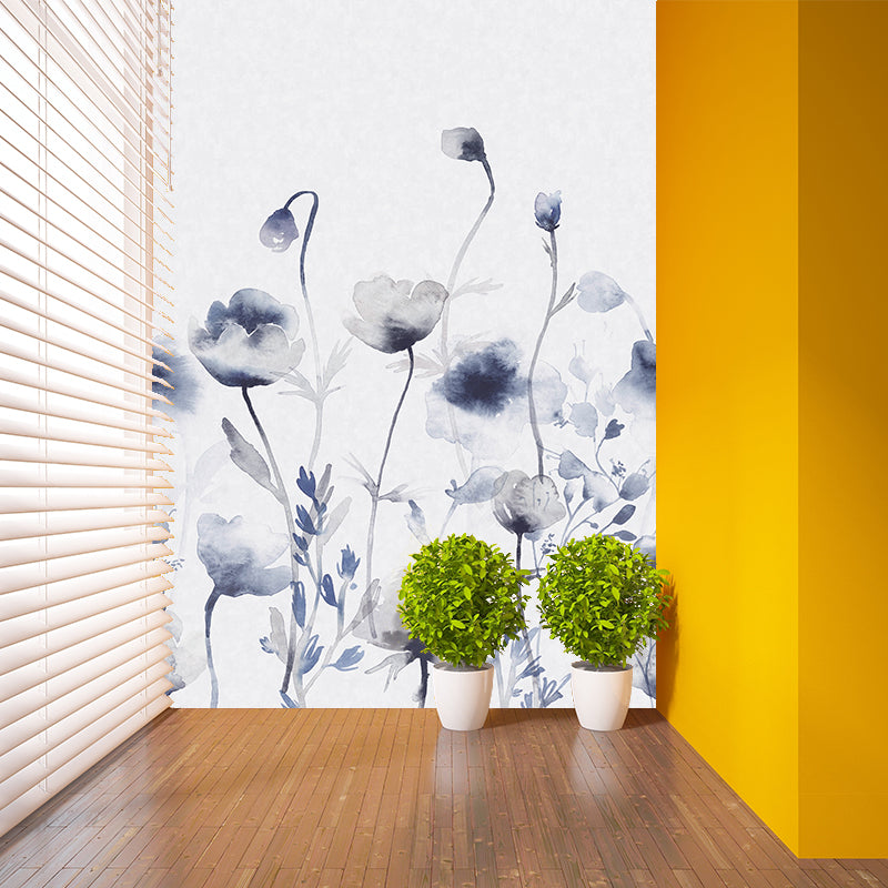 Blue Camellia Painting Mural Wallpaper Flower Trendy Stain Resistant Wall Covering for Home