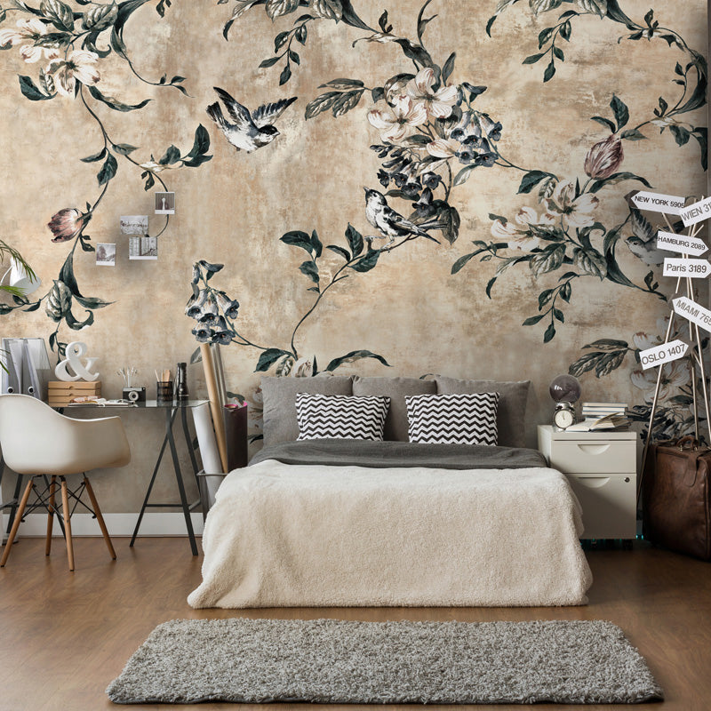 Peintures murales de Style chinois de couleur Pastel, décoration murale à motifs d'oiseaux entiers et de branches de pêche pour chambre à coucher