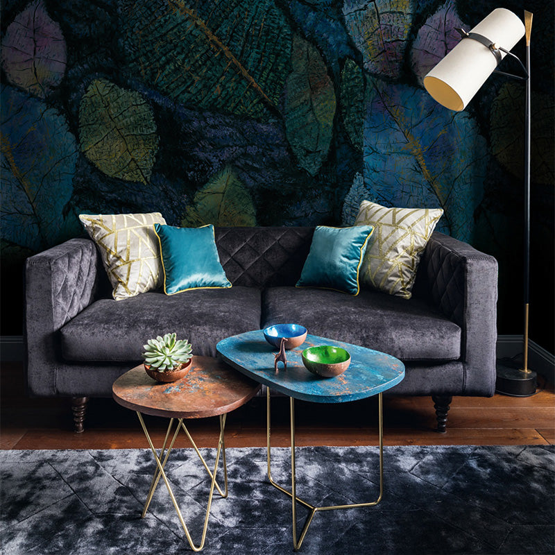 Aqua Scattered Leaf Wallpaper Murals Stain Resistant Wall Covering for Living Room