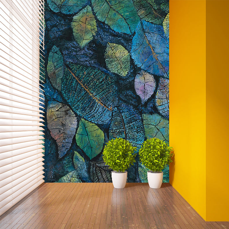 Aqua Scattered Leaf Wallpaper Murals Stain Resistant Wall Covering for Living Room