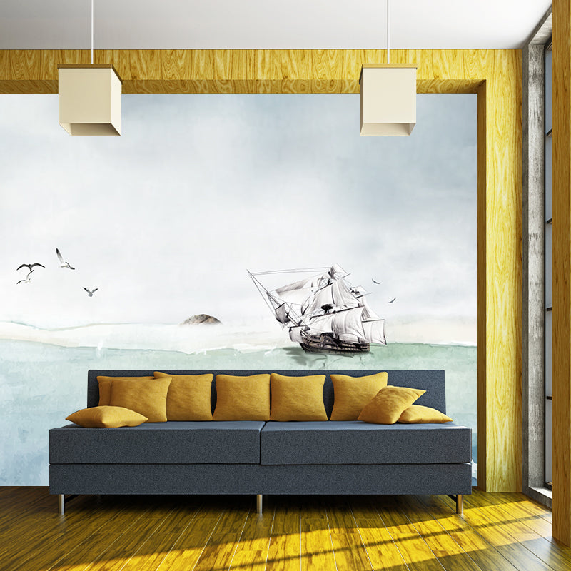 Sea Painting Sailing Vessel Mural Wallpaper Nautical Non-Woven Cloth Wall Art in Grey-Blue