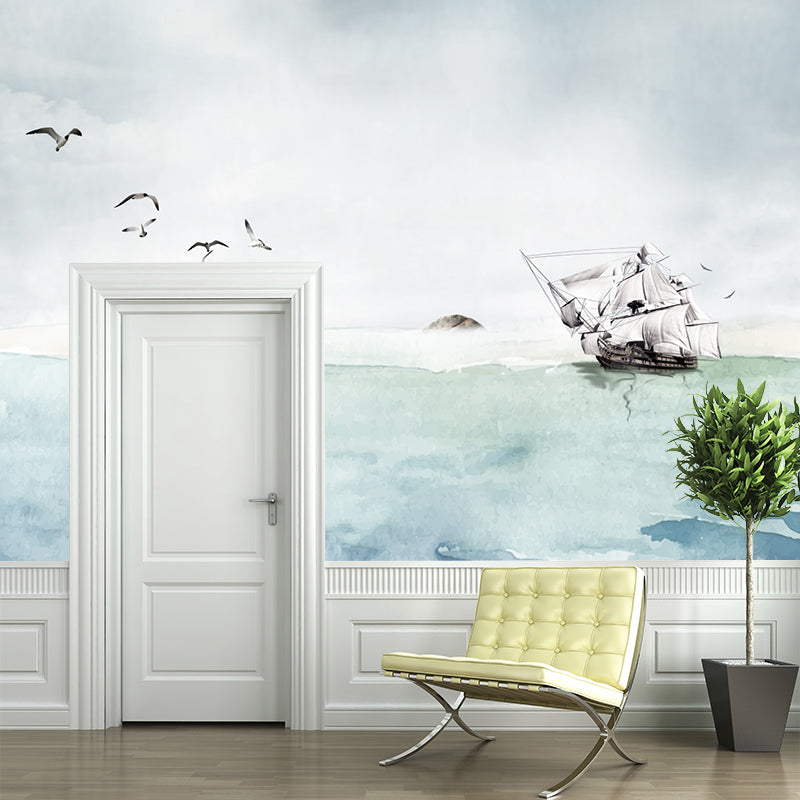 Sea Painting Sailing Vessel Mural Wallpaper Nautical Non-Woven Cloth Wall Art in Grey-Blue