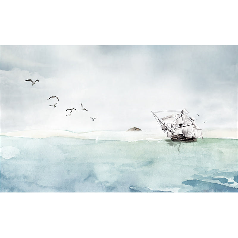 Sea Painting Sailing Vessel Mural Wallpaper Nautical Non-Woven Cloth Wall Art in Grey-Blue