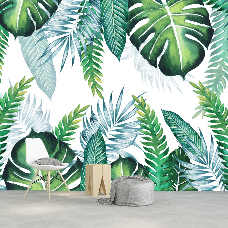 Custom Illustration Tropics Wall Murals with Plant Leaves Pattern, Green, Custom Made