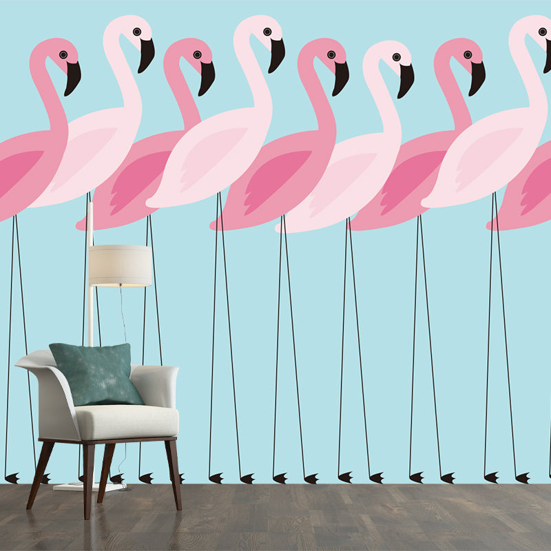 Pink Flamingo Wall Paper Murals Animal Tropix Waterproof Wall Covering on Blue for Home