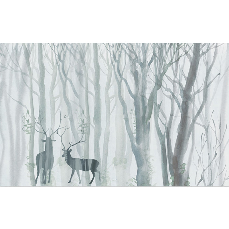 Grey-Blue Scandinavian Mural Wallpaper Full-Size Deer in Winter Forest Wall Art for Bedroom