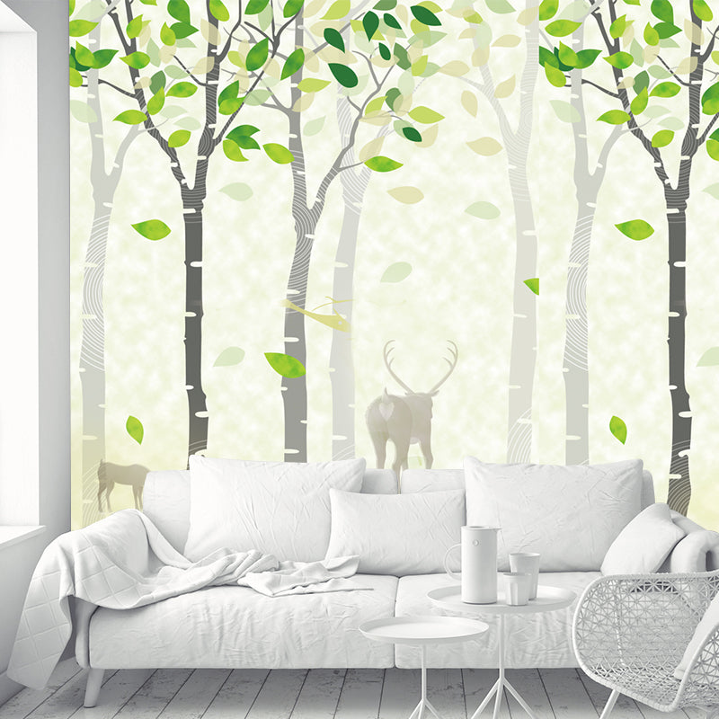 Deer in Spring Forest Murals Yellow-Green Nordic Style Wall Covering for Living Room