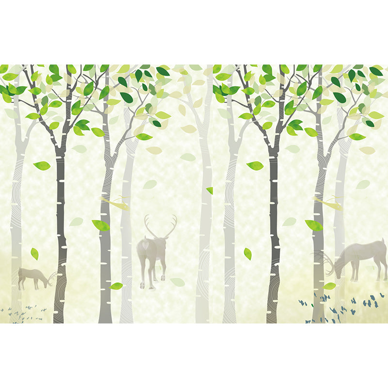 Deer in Spring Forest Murals Yellow-Green Nordic Style Wall Covering for Living Room