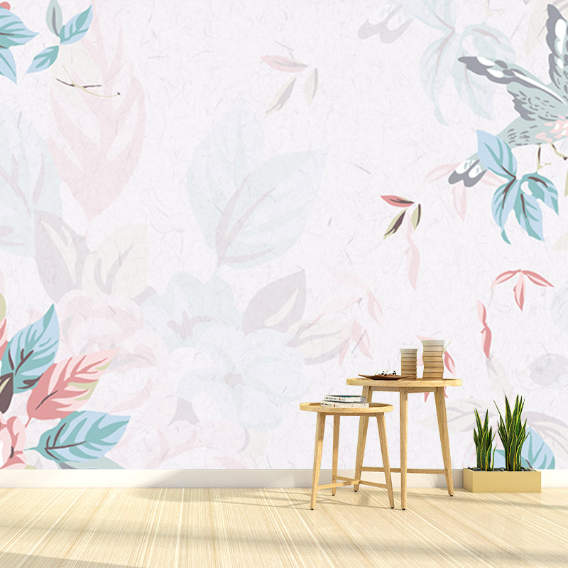 Large Bird and Leaf Mural Decal for Home Flower Printed Wall Art in Pink-Green, Waterproof