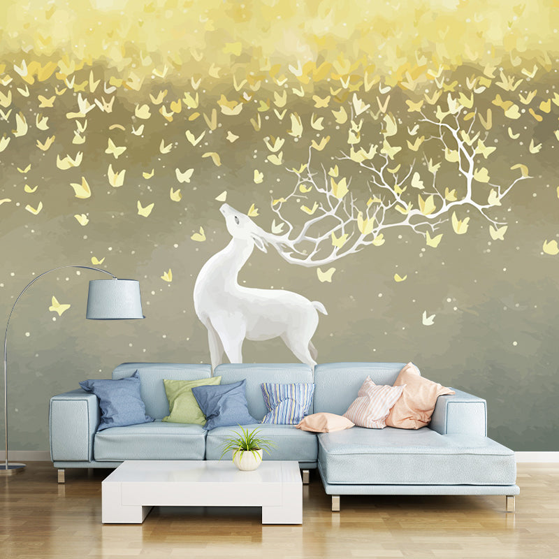 Illustration Deer and Butterfly Murals for Kids Bedroom, Grey-Yellow, Made to Measure