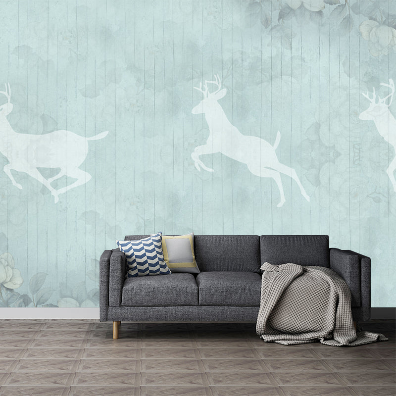 Minimalist Deer Silhouette Murals Wallpaper Grey-Blue Floral Print Wall Covering