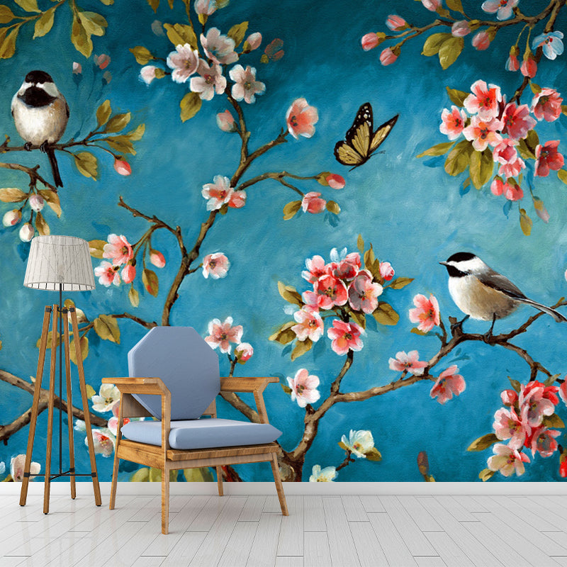 Pink-Blue Birds Mural Decal Branch with Florets Eco-Friendly Wall Art for Bedroom