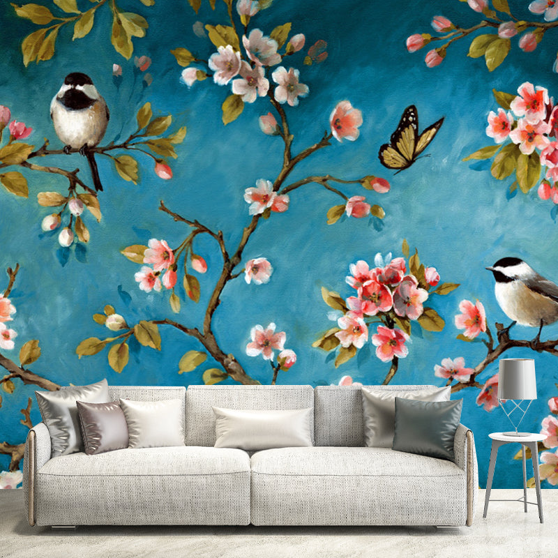 Pink-Blue Birds Mural Decal Branch with Florets Eco-Friendly Wall Art for Bedroom