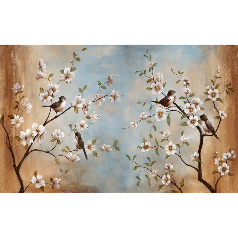Whole Birds Murals for Wall Contemporary Large Branch with Flowers Wall Art in Blue-Brown
