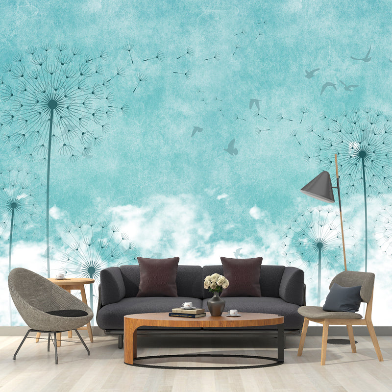 Dandelion Wallpaper Murals in Blue and White, Minimalist Wall Covering for Accent Wall
