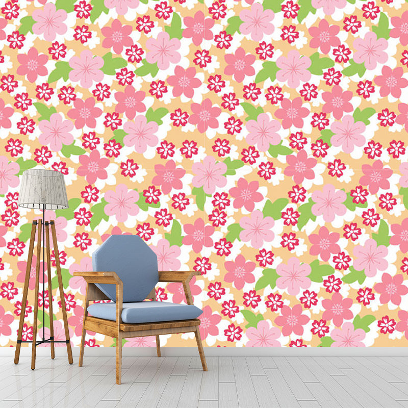 Contemporary Florets Wall Murals in Pink and Green Bedroom Wall Covering, Made to Measure