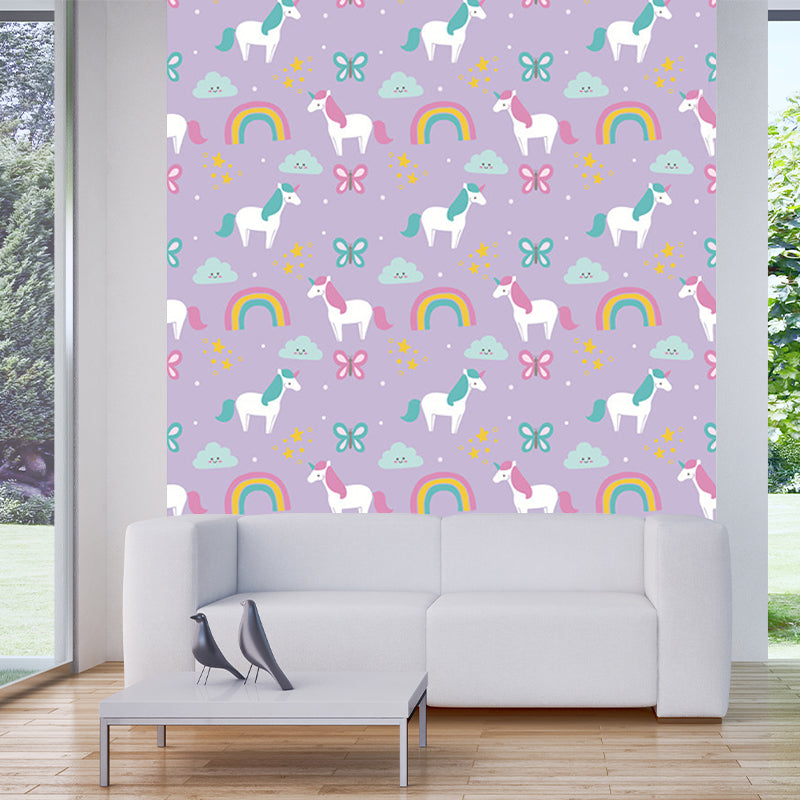 Cartoon Pony Printed Wallpaper Murals Purple-Green Stain Resistant Wall Art for Home