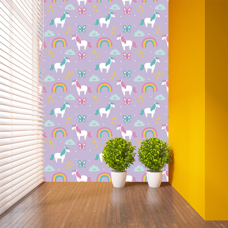 Cartoon Pony Printed Wallpaper Murals Purple-Green Stain Resistant Wall Art for Home