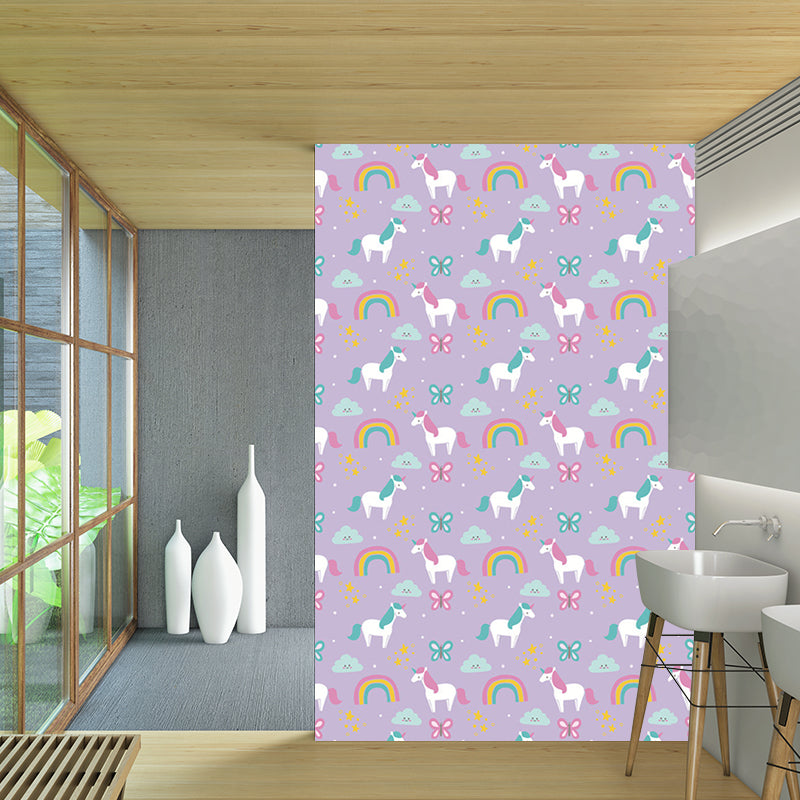 Cartoon Pony Printed Wallpaper Murals Purple-Green Stain Resistant Wall Art for Home