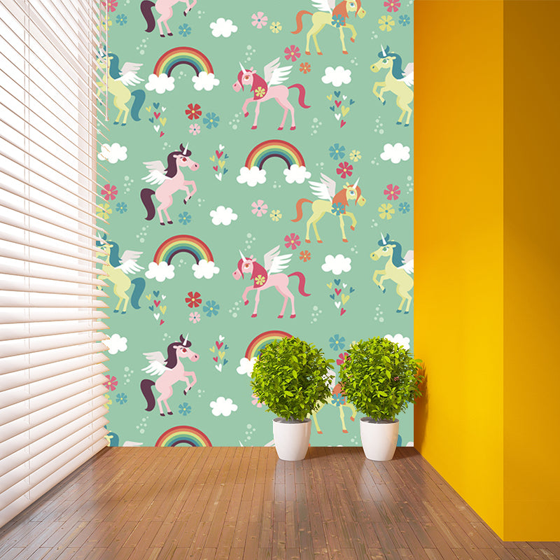 Green Cartoon Mural Wallpaper Whole Rainbow and Unicorn Pattern Wall Decor for Nursery