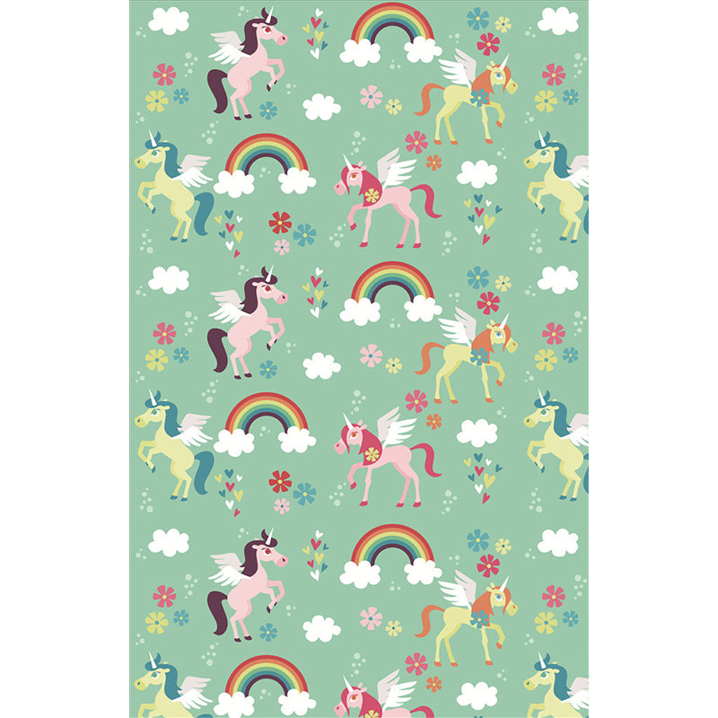 Green Cartoon Mural Wallpaper Whole Rainbow and Unicorn Pattern Wall Decor for Nursery
