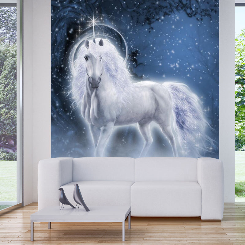 Fairy Tale Steed Wallpaper Murals Scandinavian Smooth Wall Art in Blue and White