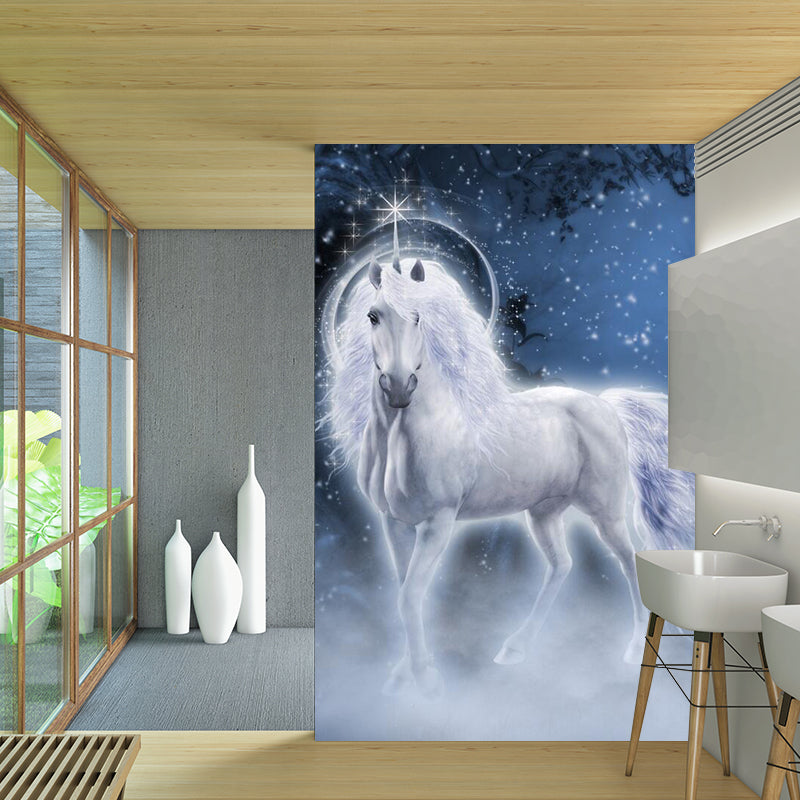 Fairy Tale Steed Wallpaper Murals Scandinavian Smooth Wall Art in Blue and White