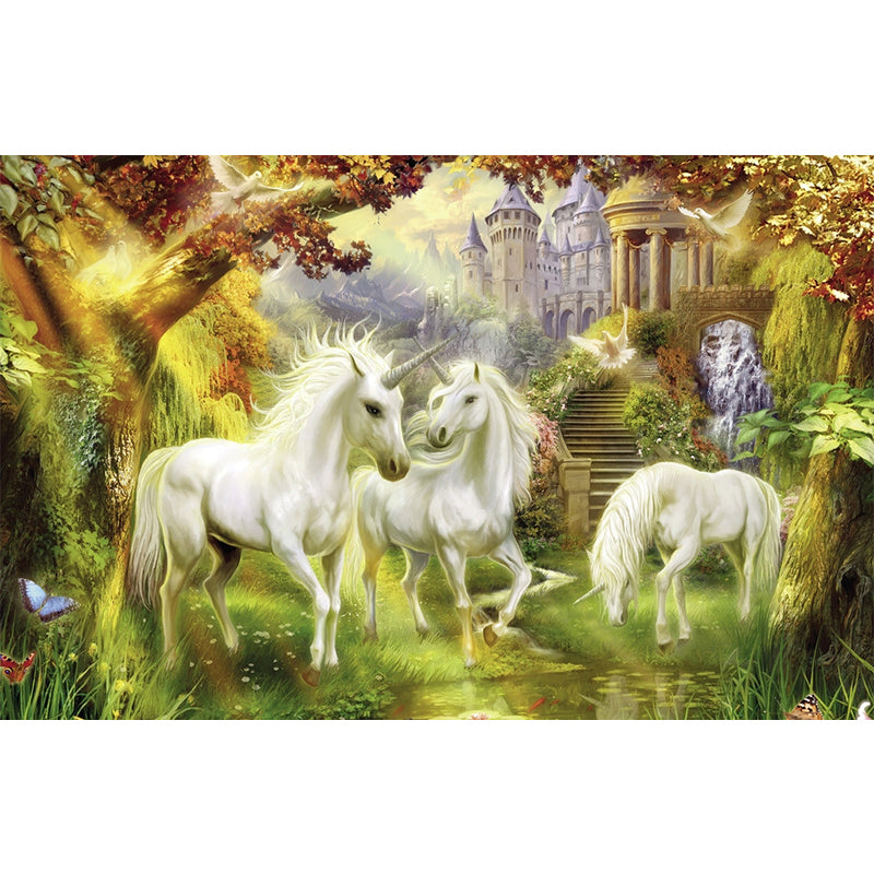 Renaissance Unicorn and Castle Murals White-Green-Yellow Animal Wall Decor, Optional Size