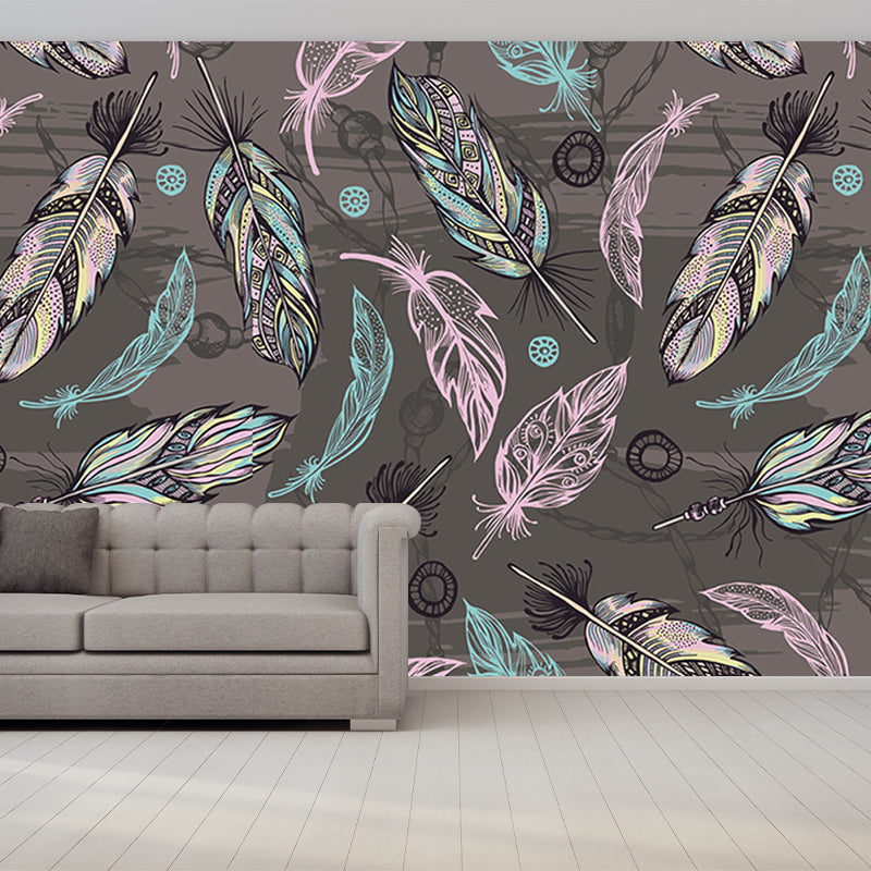 Grey-Pink-Green Feathers Murals for Wall Decoration Modern Living Room Wall Covering