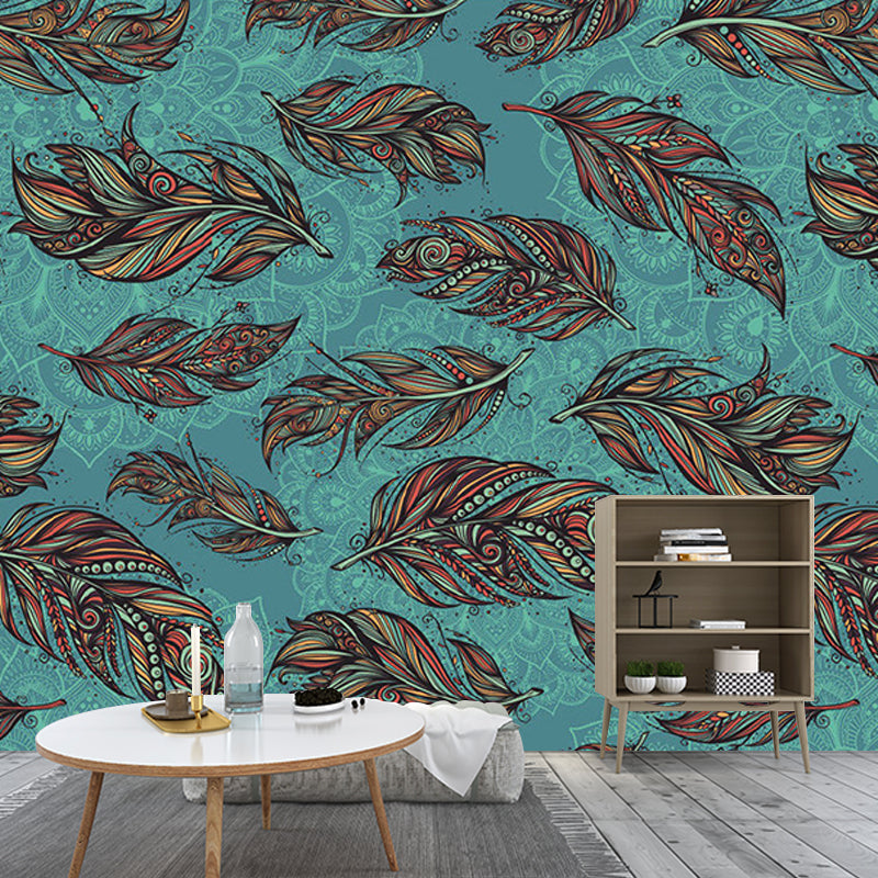 Modern Feathers Wall Murals for Backsplash, Customize Size Available Wall Art in Aqua and Brown