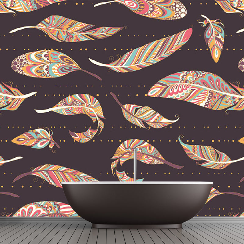 Illustration Colorful Feather Murals Wallpaper for Bedroom, Brown, Made to Measure