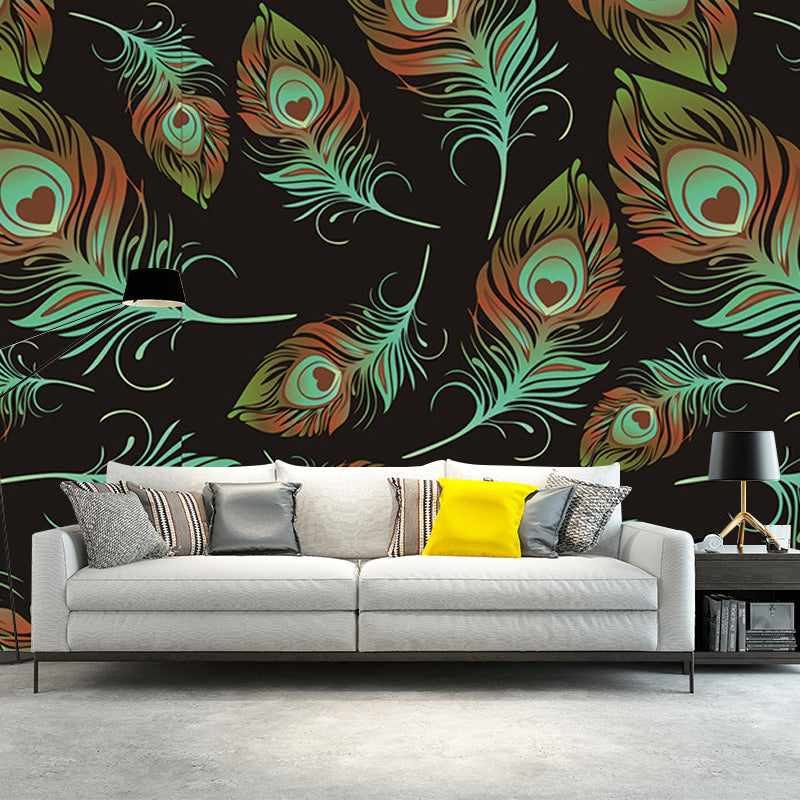 Feathers Wallpaper Murals in Black and Green, Contemporary Wall Art for Living Room