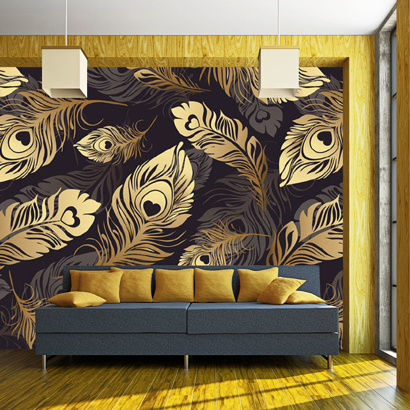 Contemporary Feather Murals in Grey and Yellow Bedroom Wall Decor, Customize Size Available